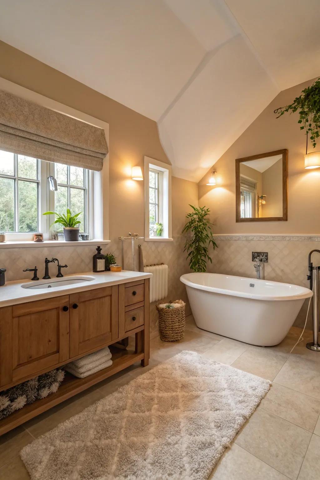 Gentle lighting and warm colors create a comfortable bathroom ambiance.