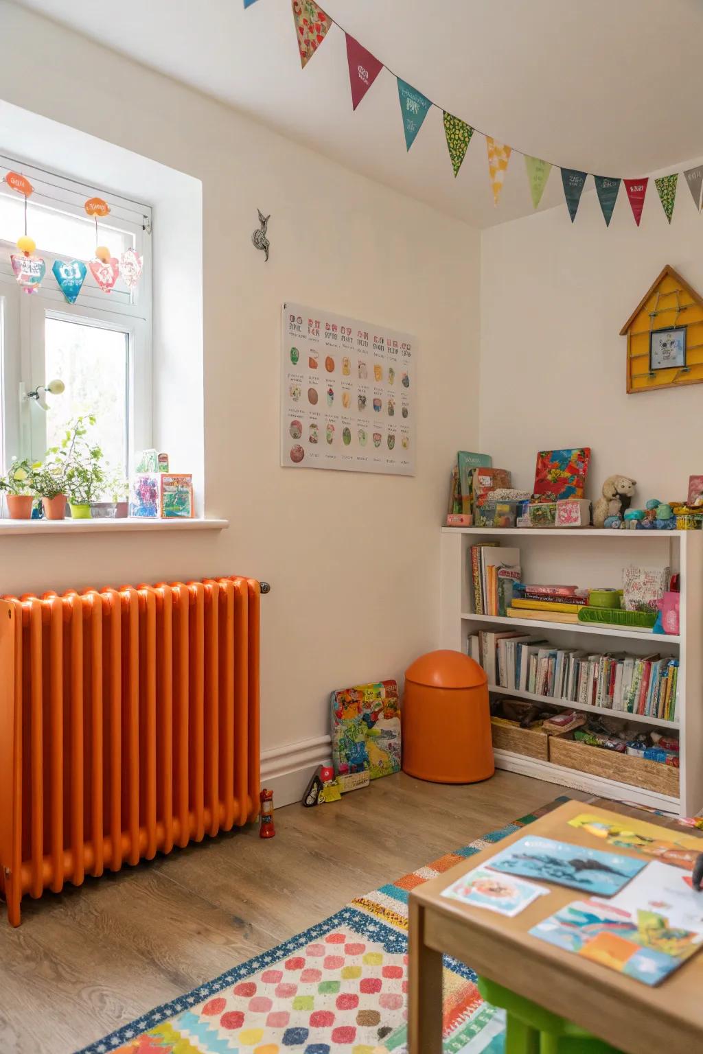 Orange radiators offer energetic flair.