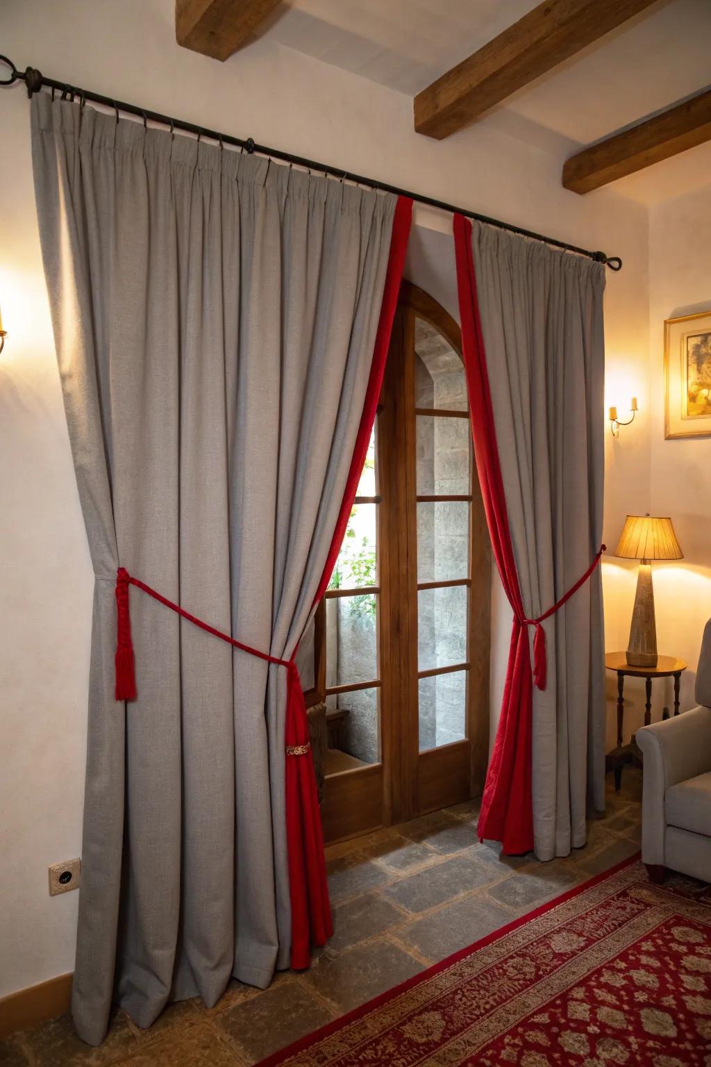 Grey curtains with red tiebacks elegantly frame the windows.