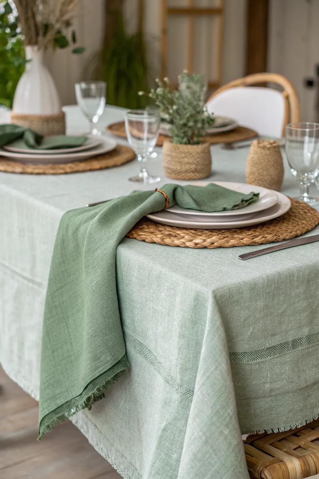 Textured fabrics in sage green add depth and interest to your table decor.