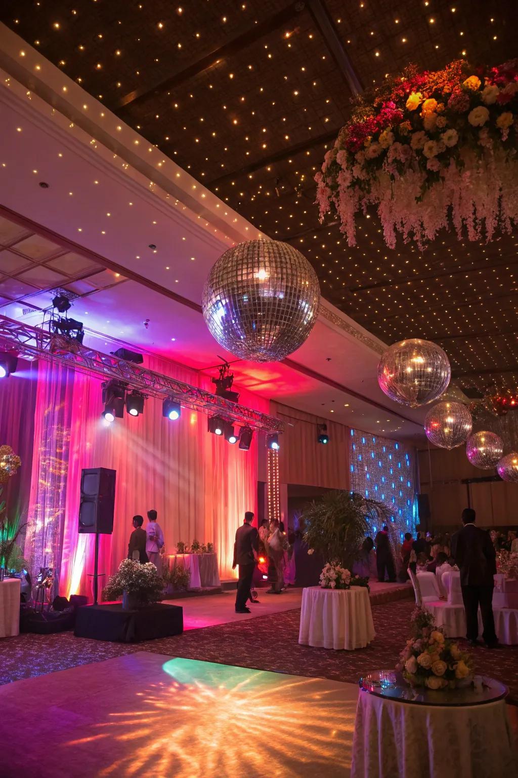Disco orbs and vibrant lighting for retro vibes.