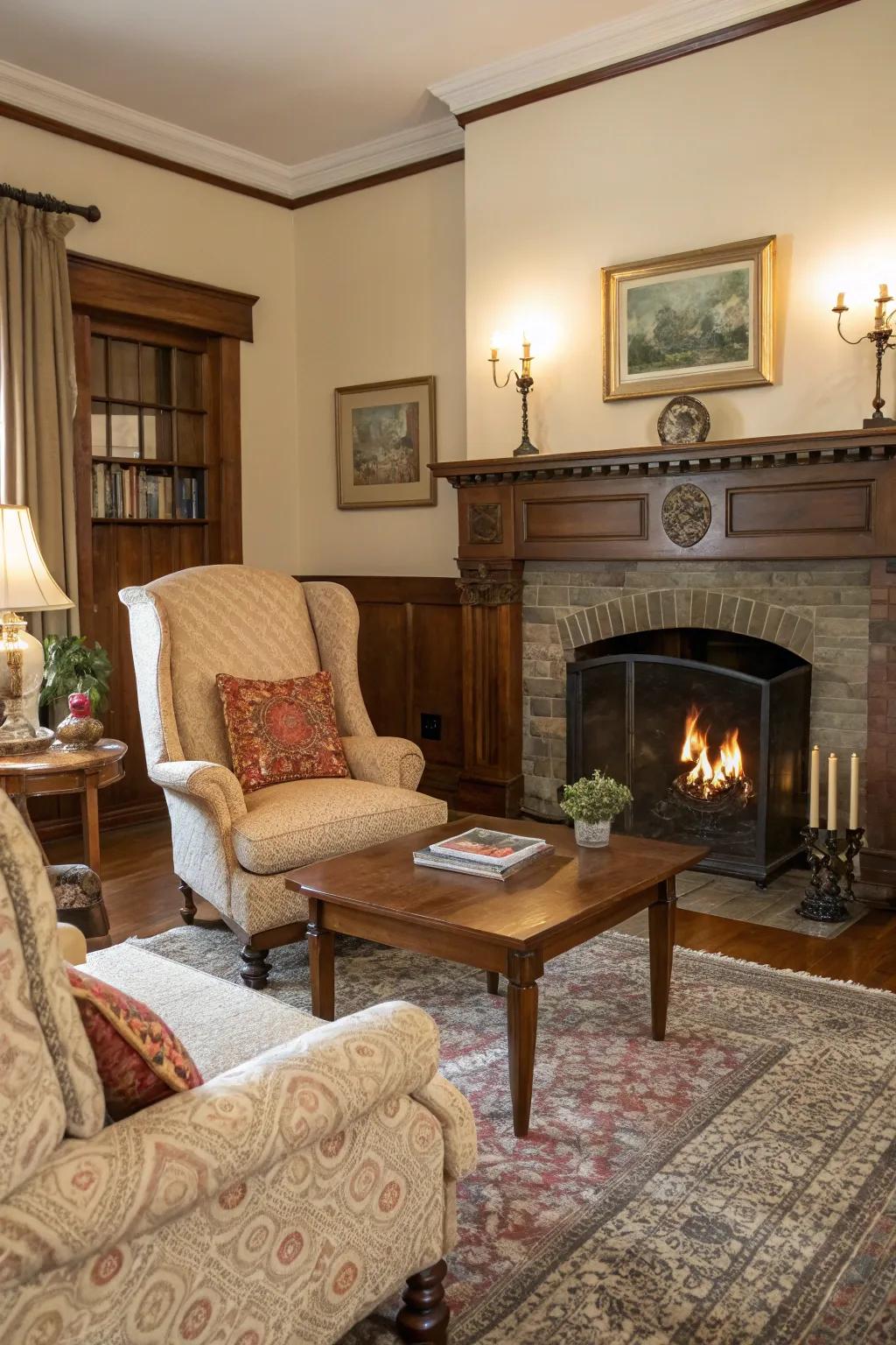 Vintage furniture adds charm and character to the fireplace seating area.