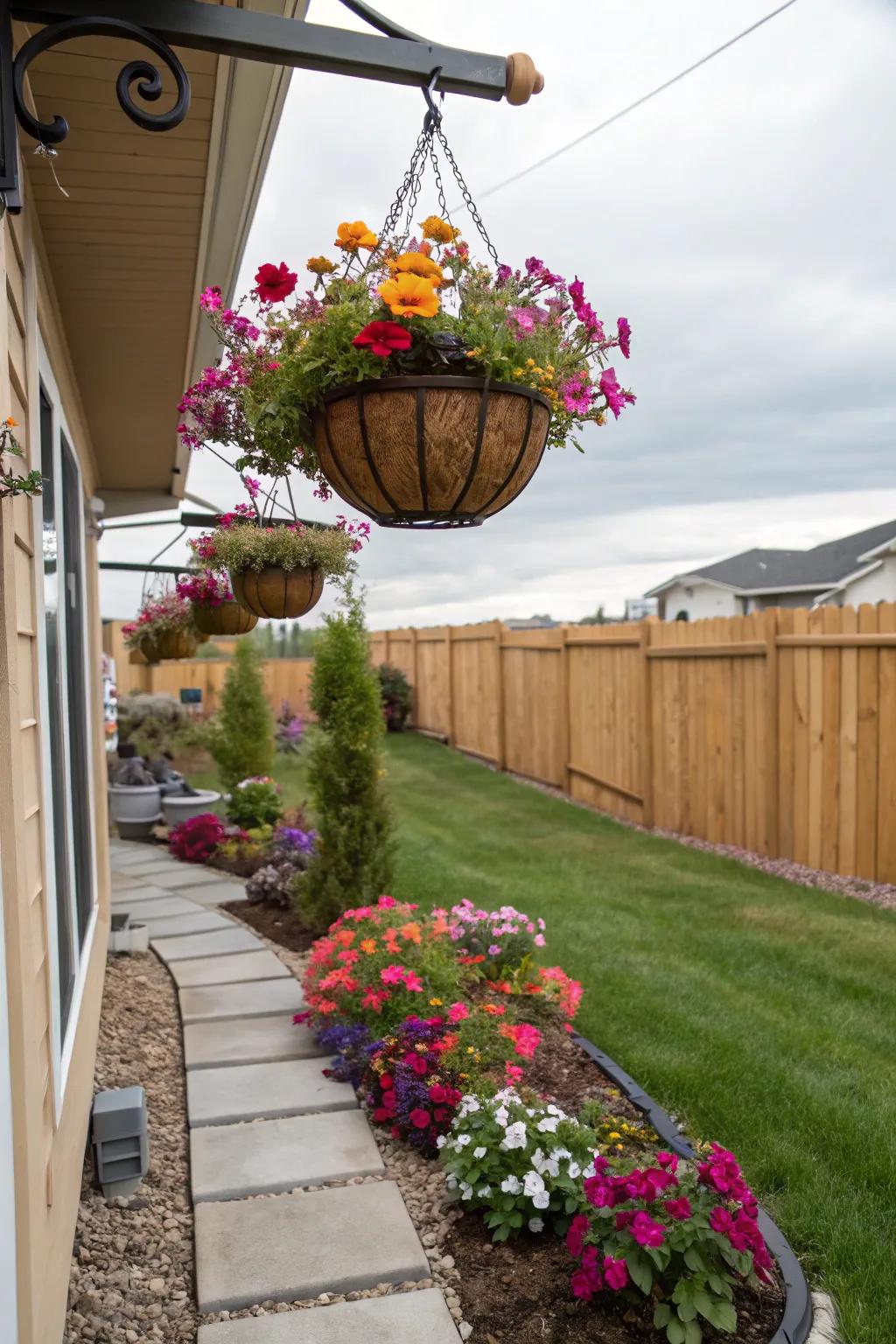 Hanging planters add vertical interest to your patio.