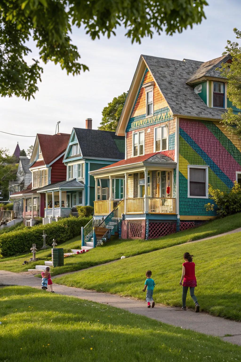 Painted shingle siding adds a playful touch.