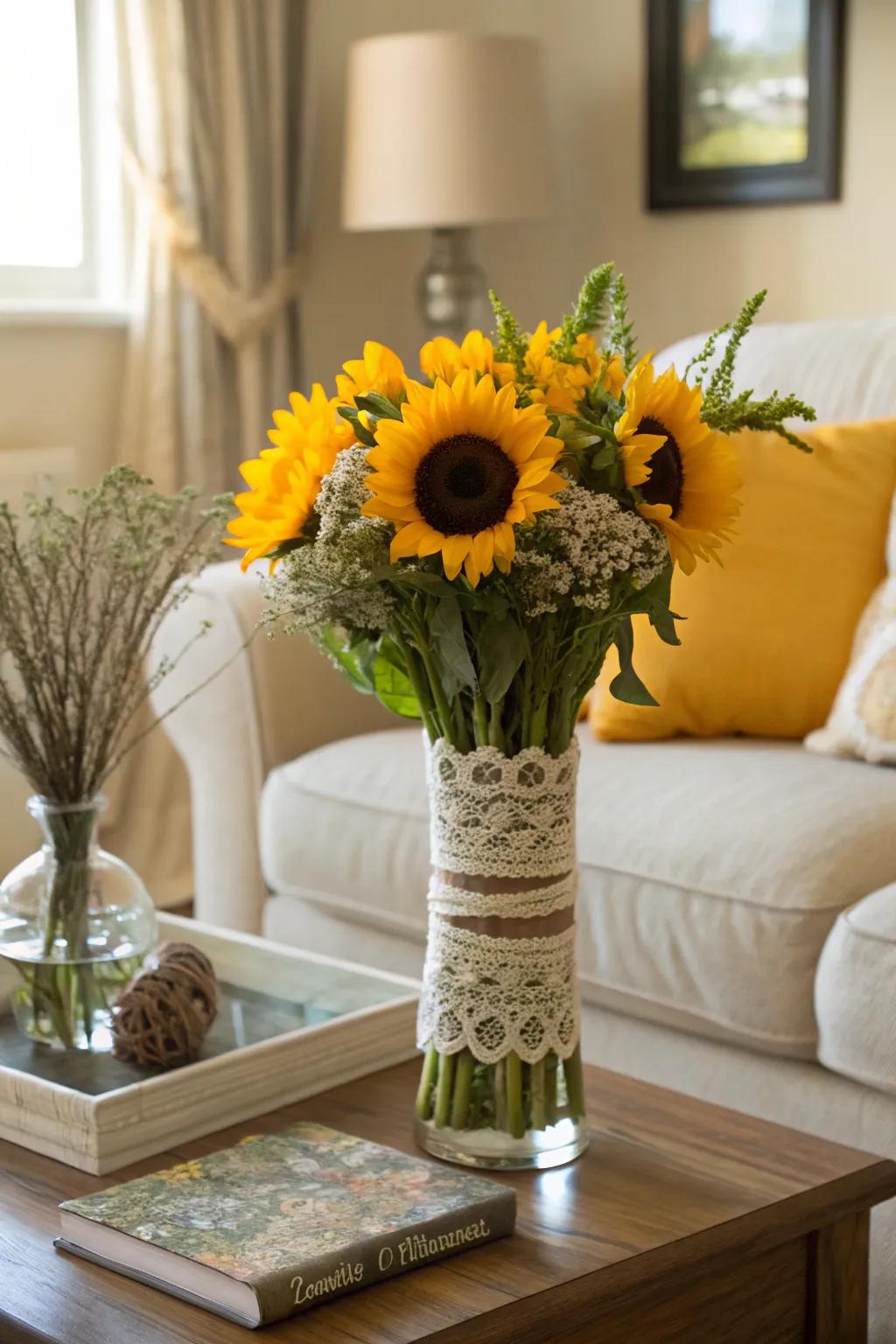 Delicate lace adds an elegant flair to a classic sunflower arrangement.