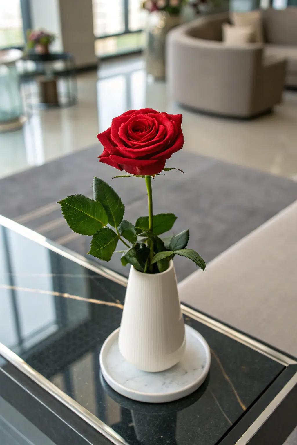 A ceramic holder adds elegance to a single rose.