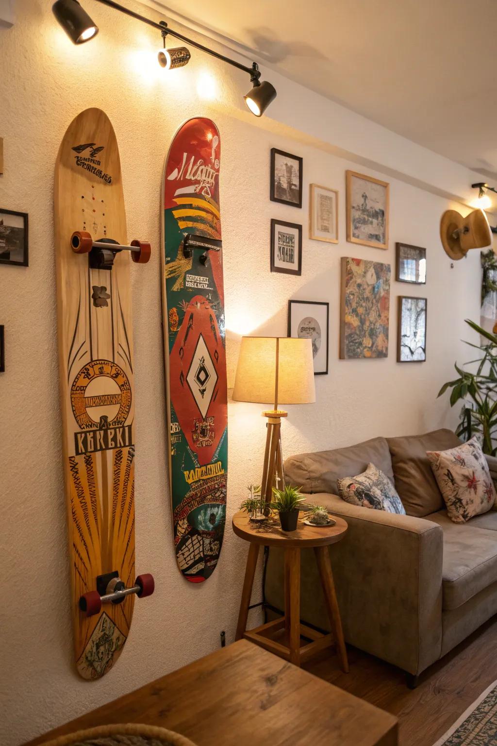 Add nostalgia with vintage skateboard art.