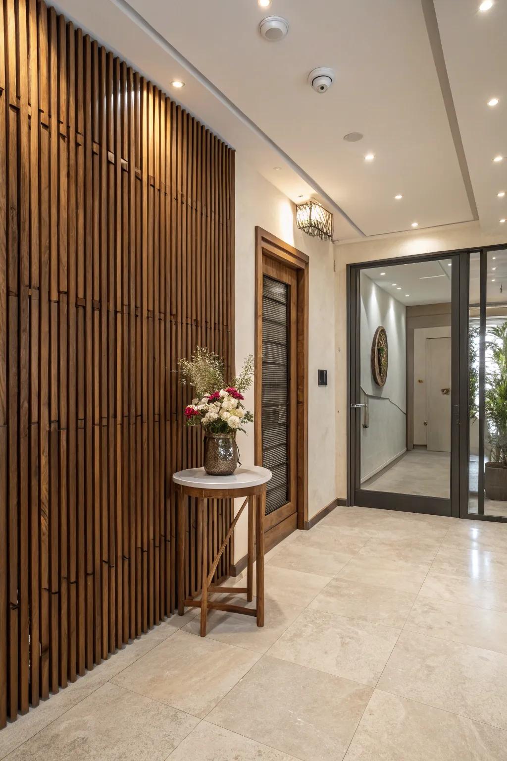 An entryway featuring a sleek wood slat wall that makes a great first impression.