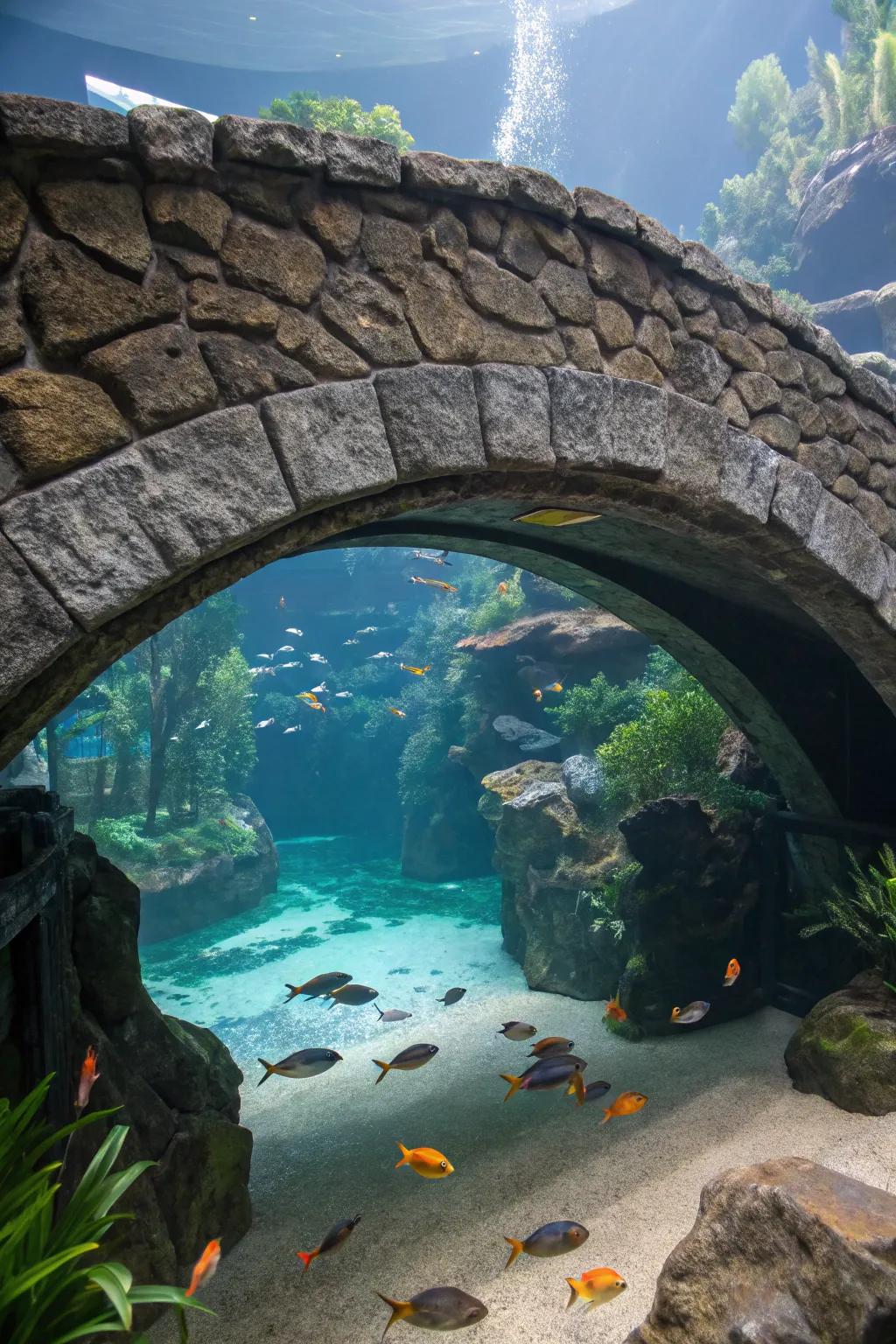 A charming stone bridge graces a home aquarium.