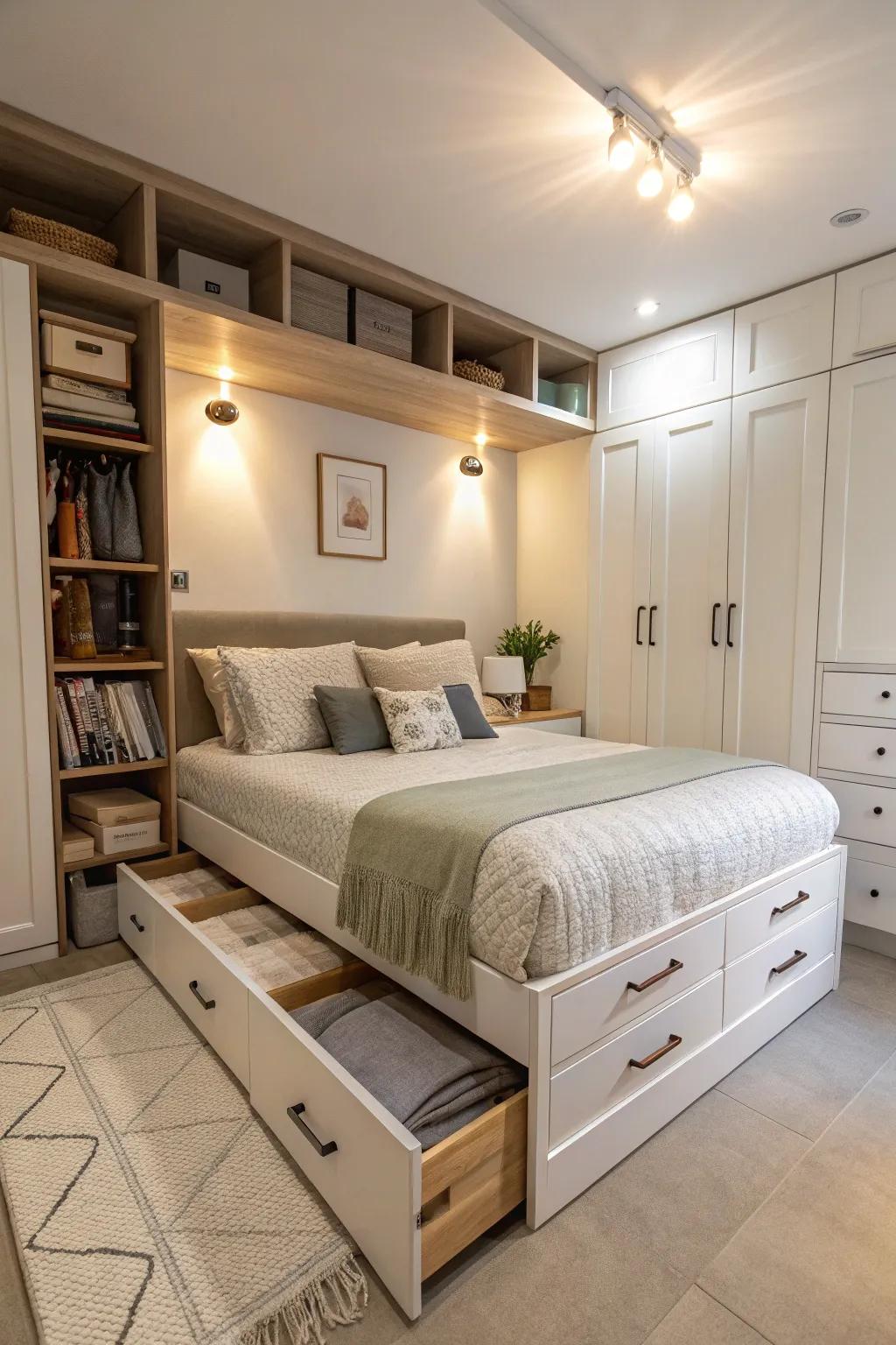 Multifunctional furniture enhances utility in a small master bedroom.