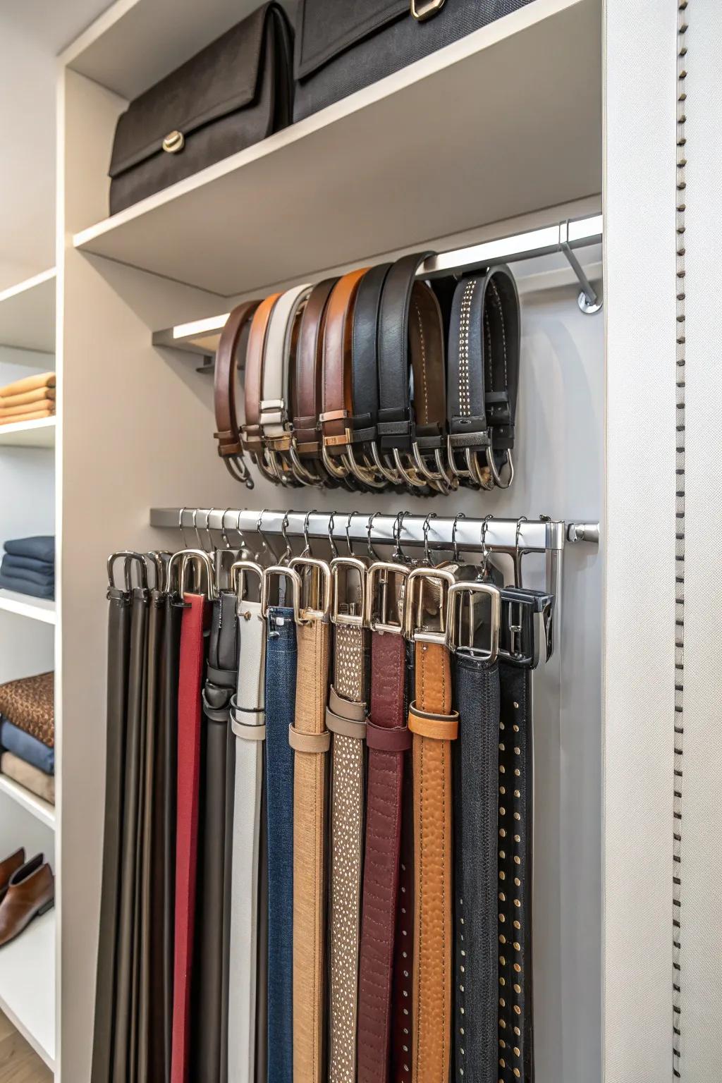 Sliding belt racks keep belts tangle-free and easily accessible.