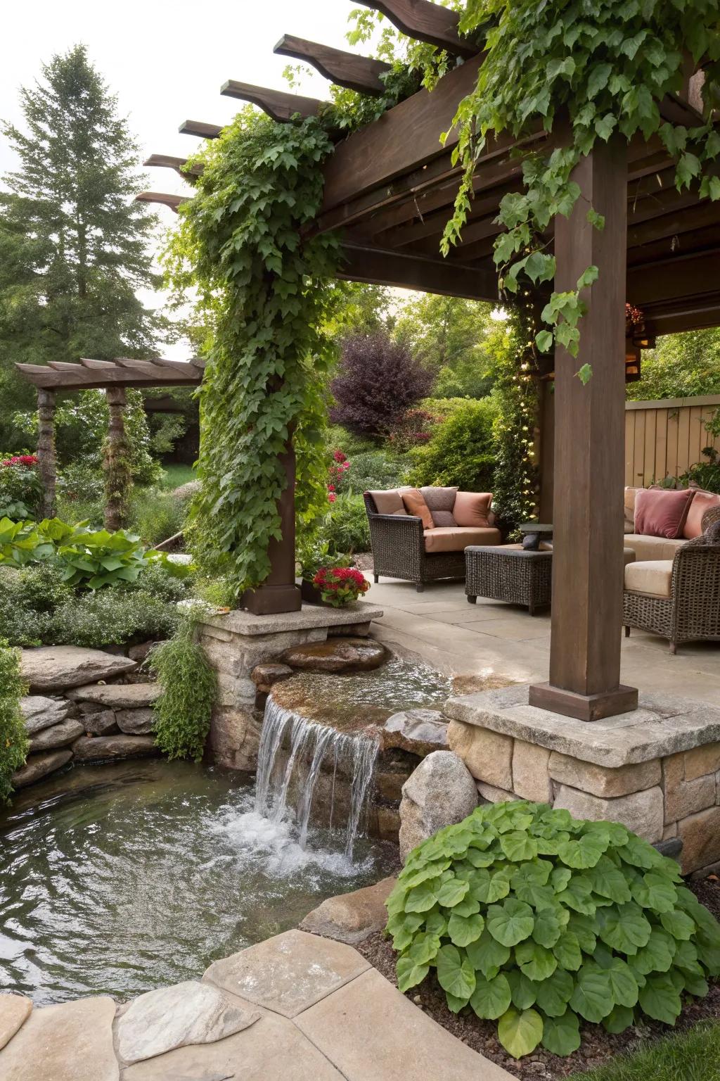 A water feature contributes serenity to the pergola setting.