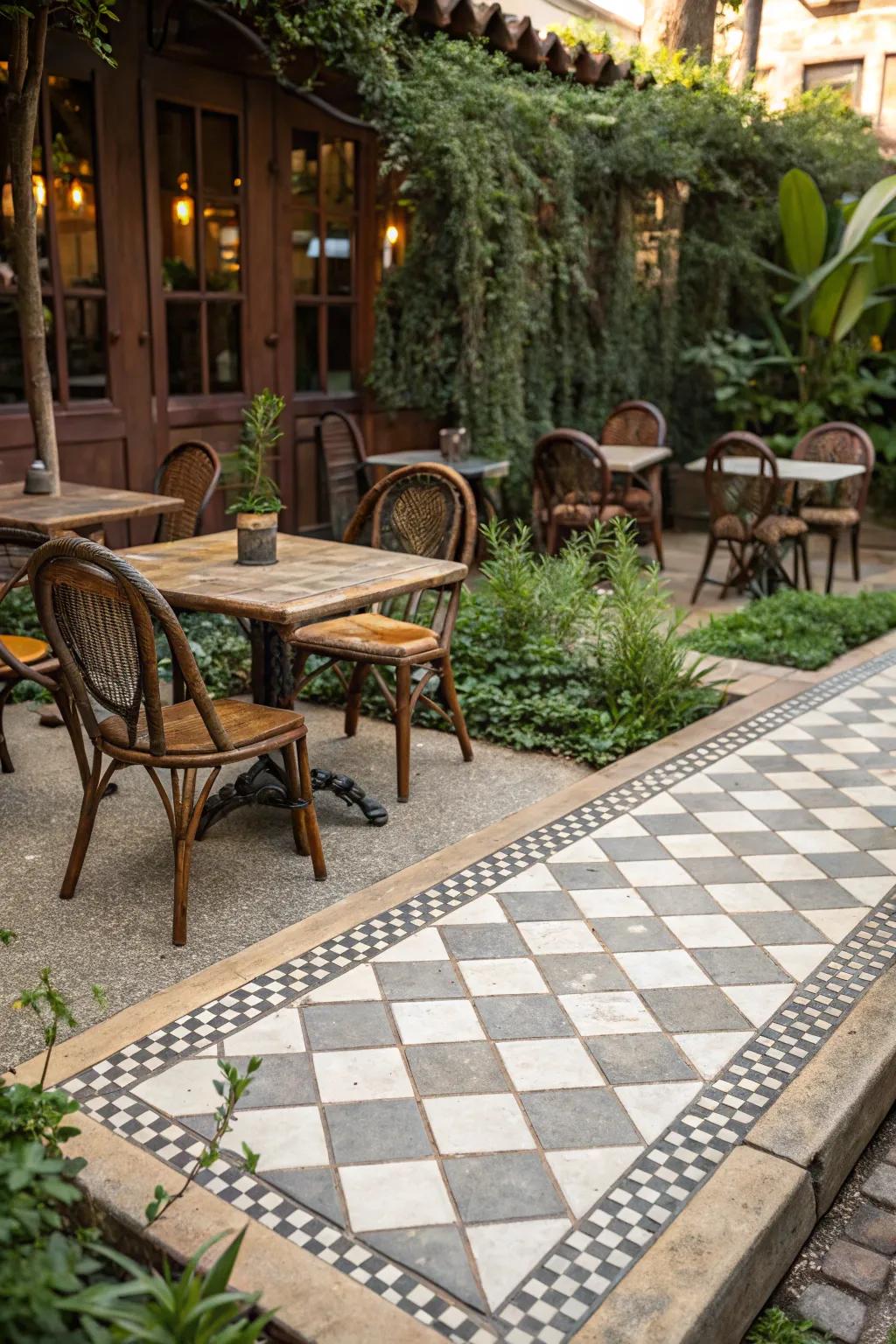 Outdoor dining area with retro checkerboard stamped concrete border