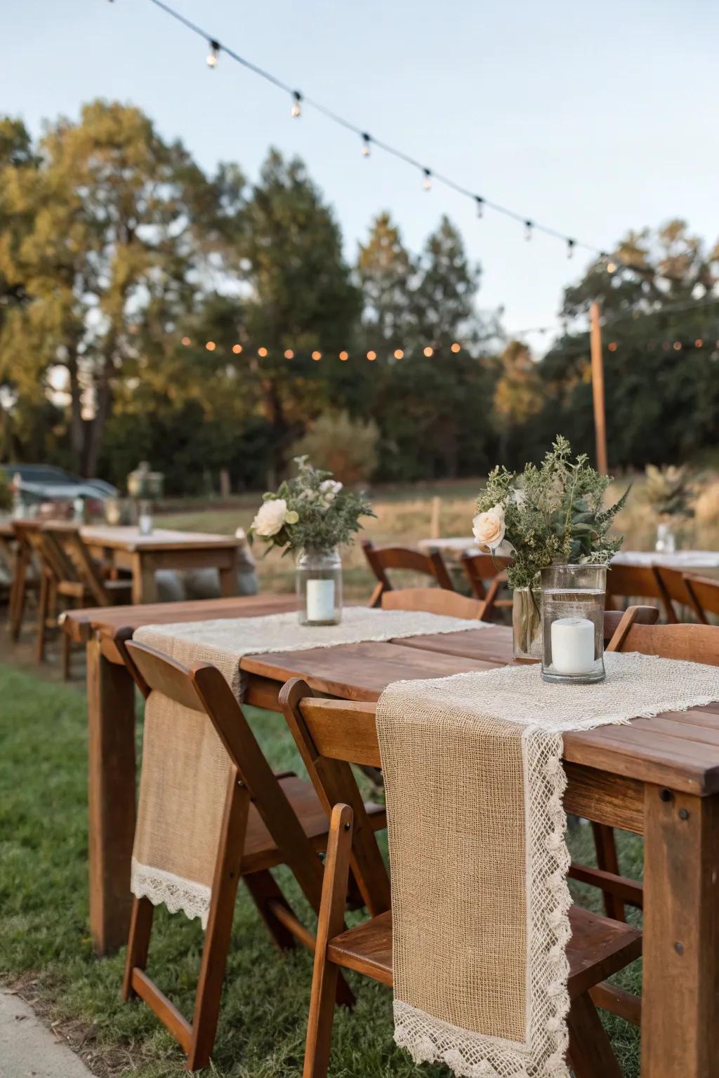 A rustic table arrangement with wood tables and coarse fabric runners.