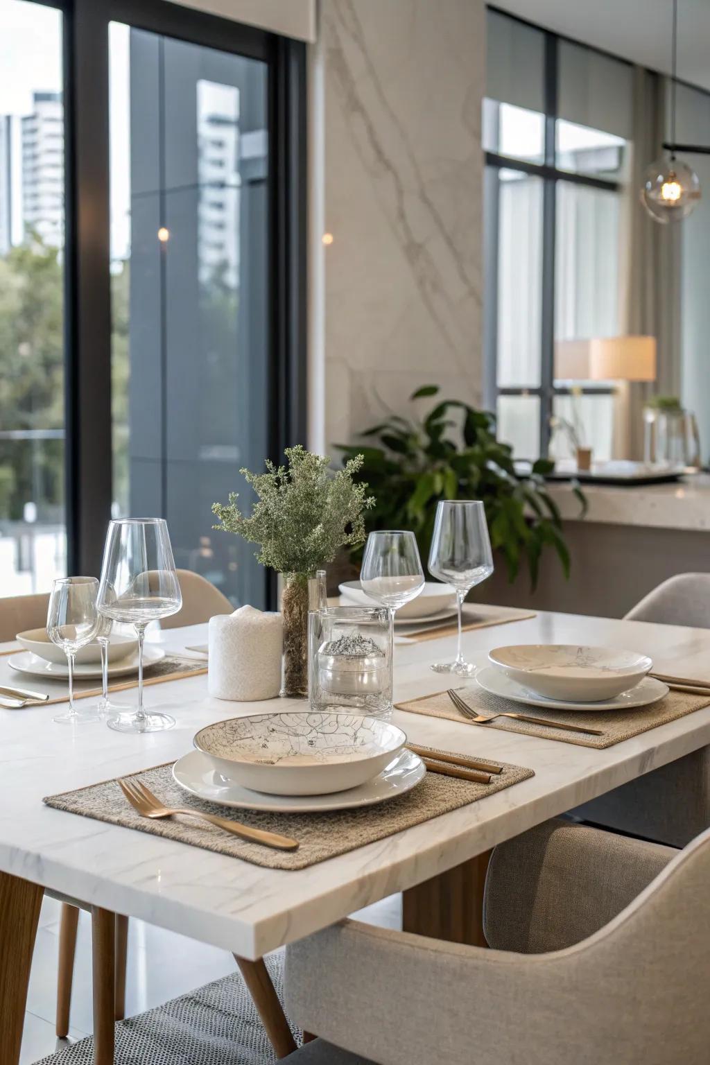 A minimalist table setting with a neutral color palette.