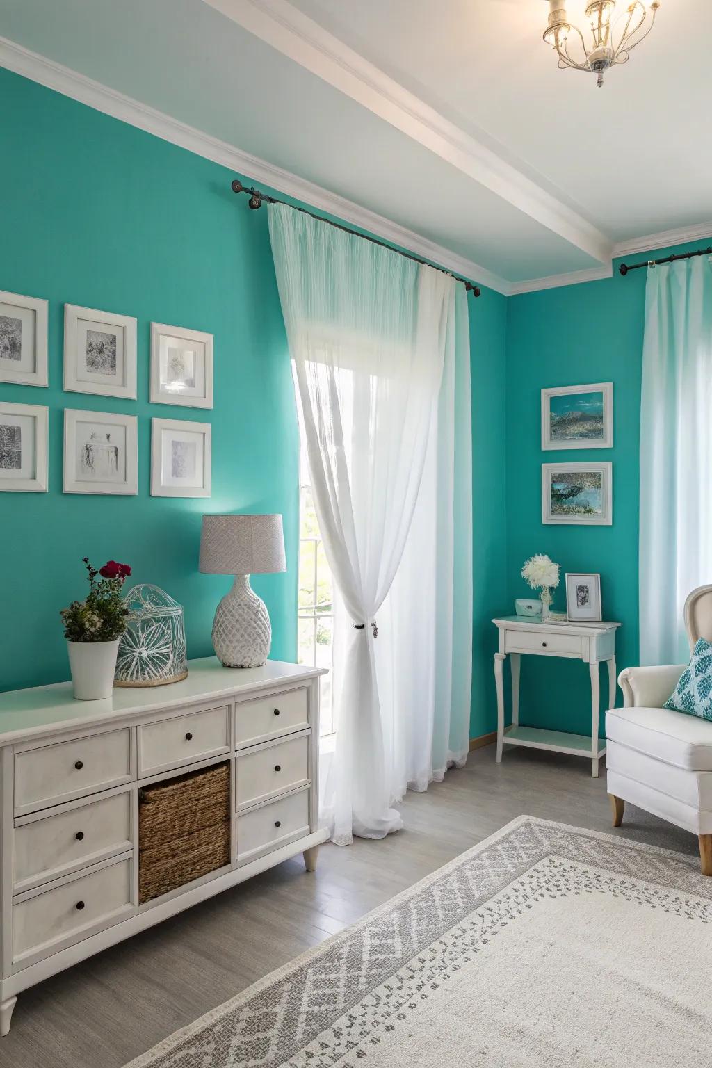 Crisp and clean decor with teal and white elements.