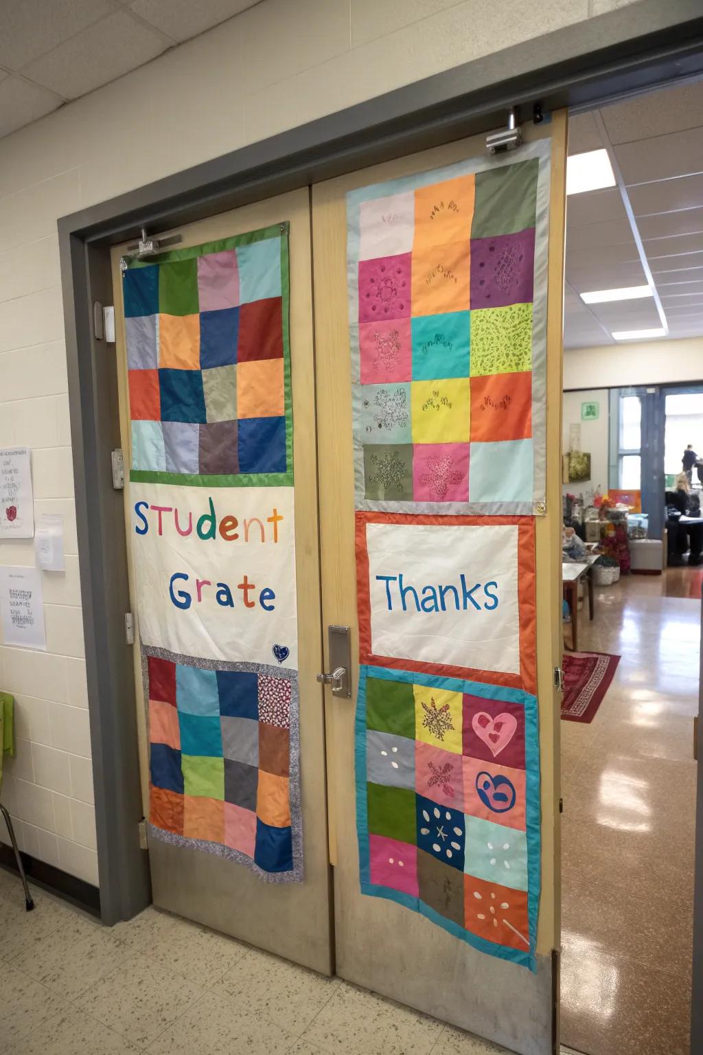 A quilt-inspired door display showcasing a patchwork of gratitude.