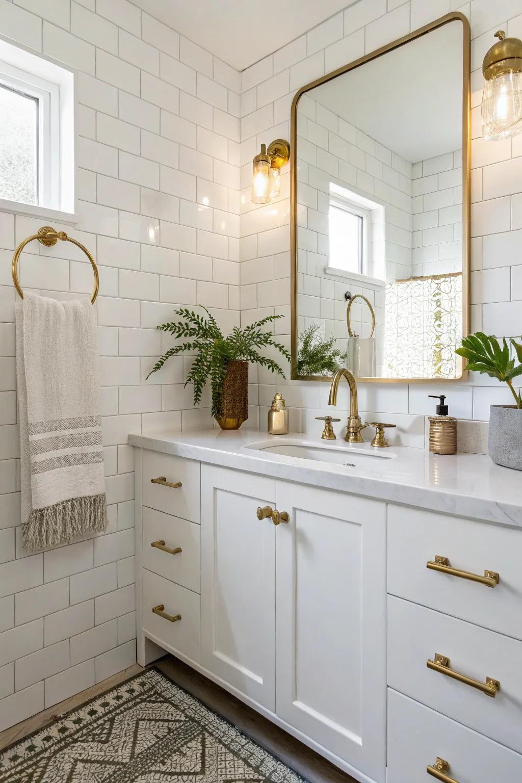 A white bathroom amplified by the warmth and luxury of golden fixtures.