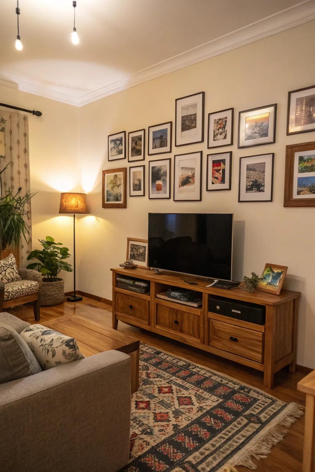 A TV wall surrounded by a personal gallery of photos.