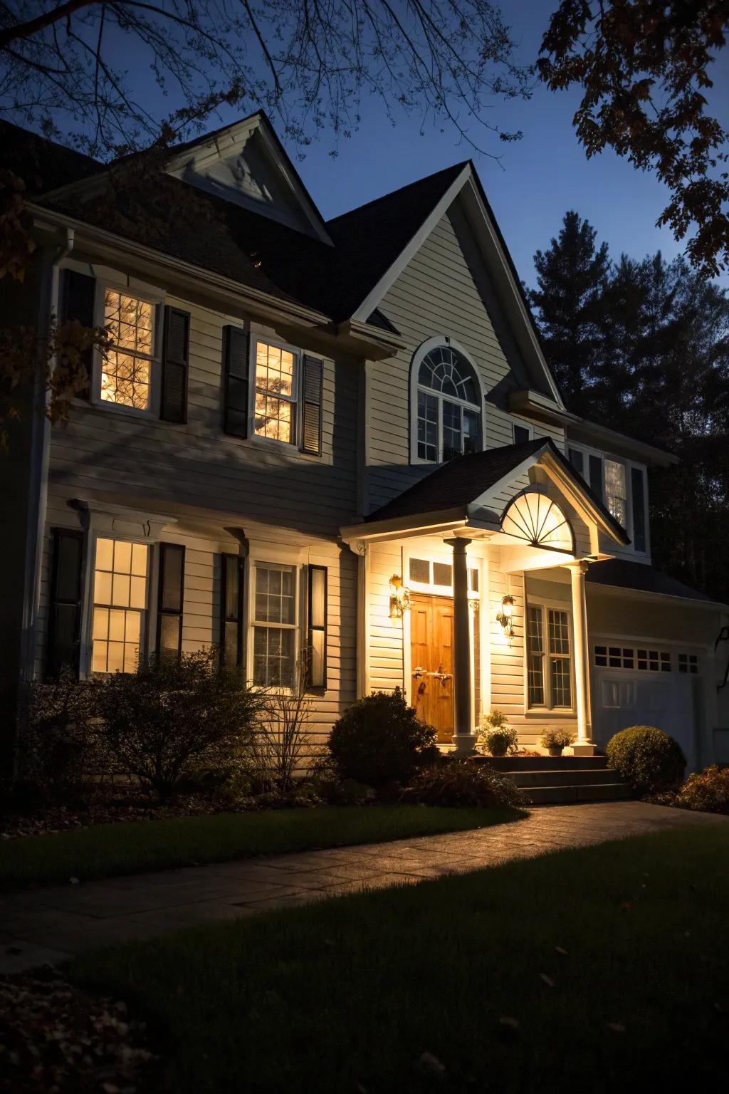 Dramatic shadows add depth and interest to the home's facade.