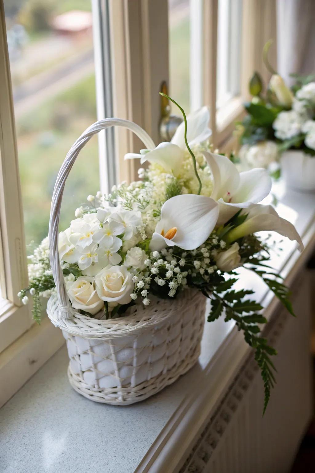 A nature's whisper white gift basket for plant enthusiasts.