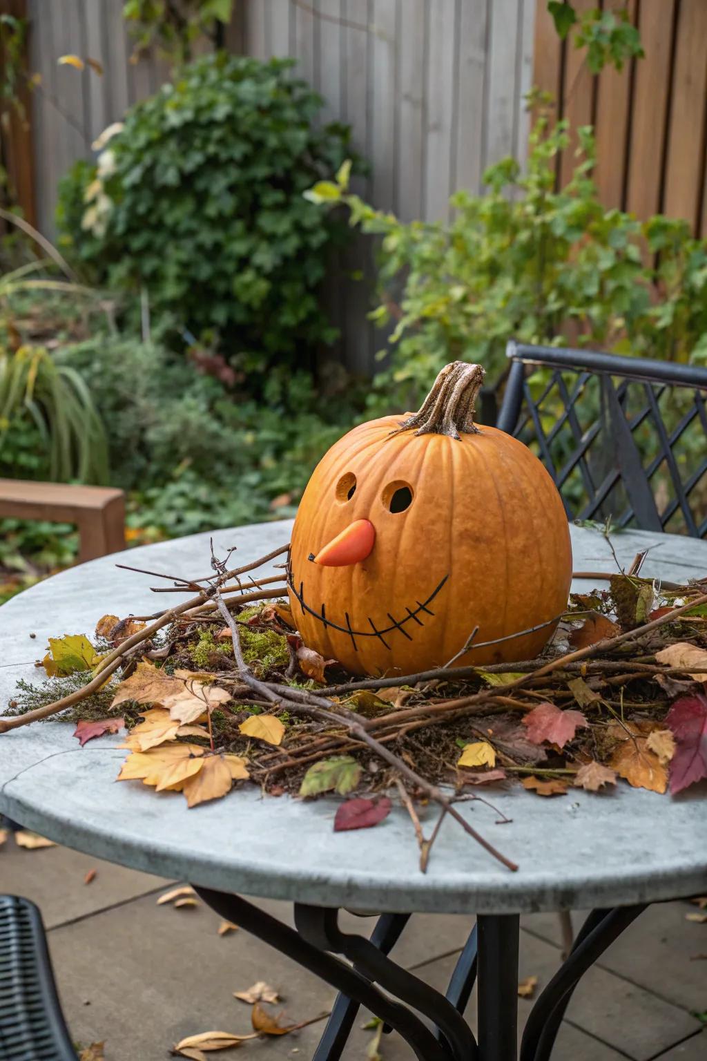 Pumpkin featuring a whimsical carrot nose.