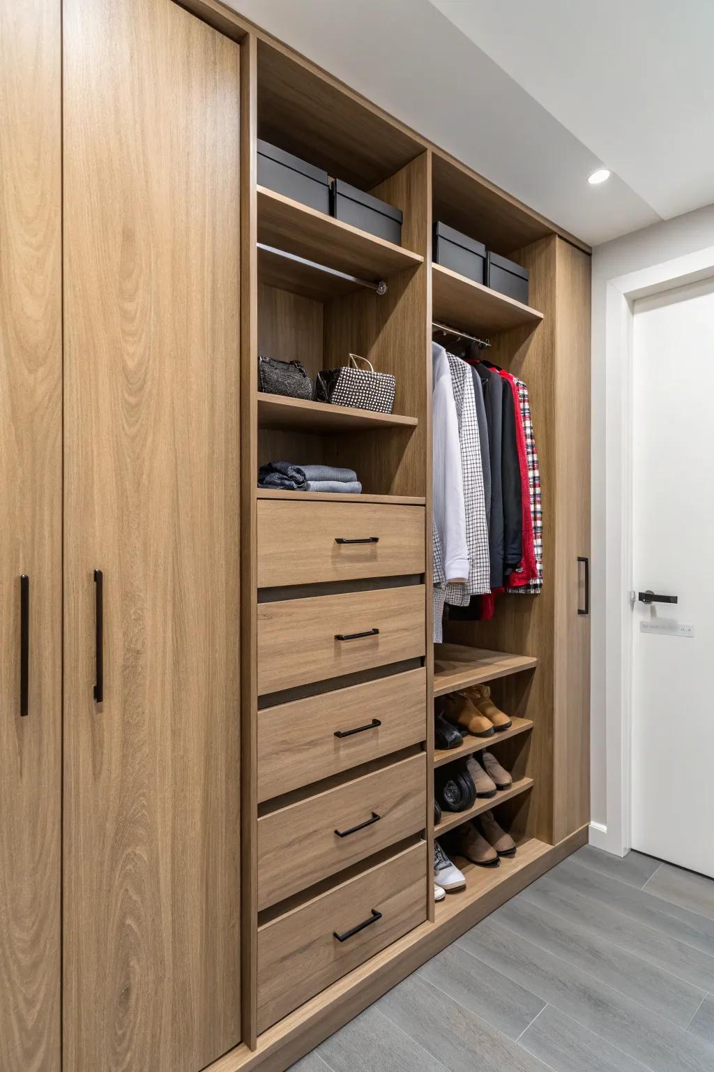Built-in drawers keeping your closet looking neat and organized.