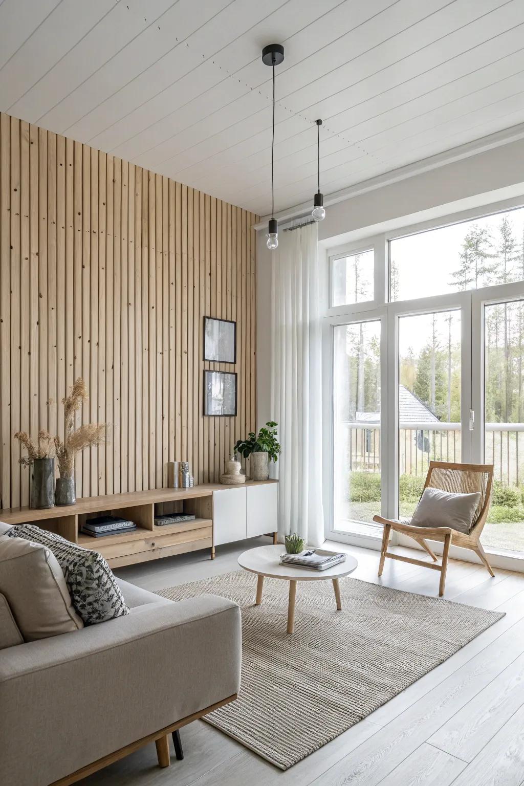 Achieve serenity with Scandinavian-inspired wood slats.