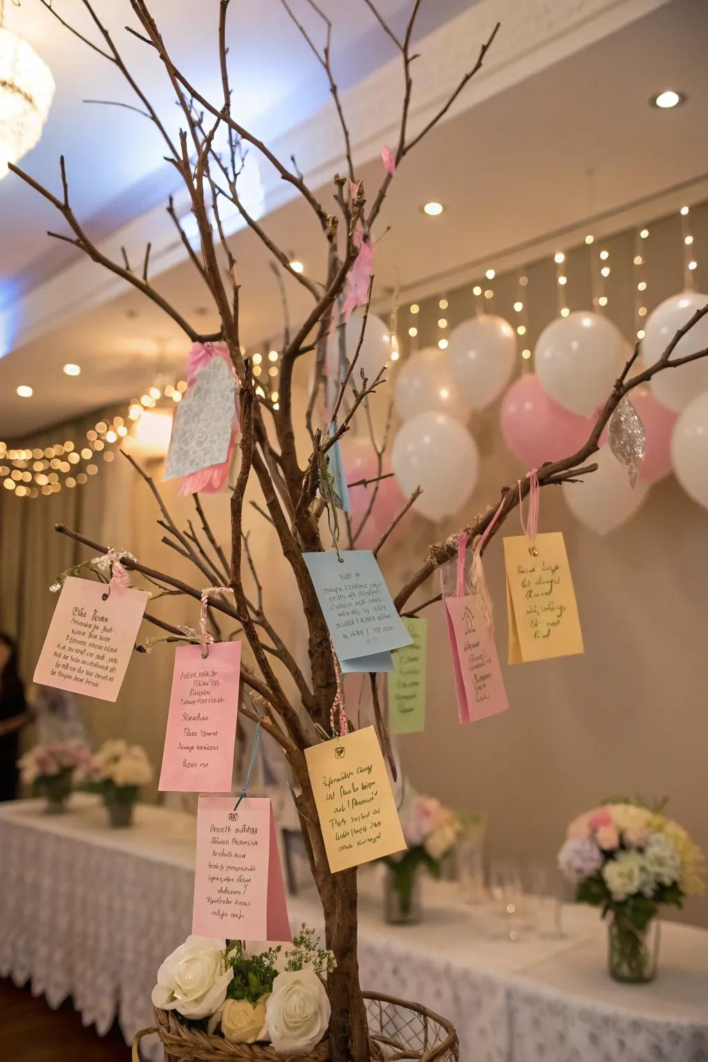 A blessings tree with handwritten cards hanging.