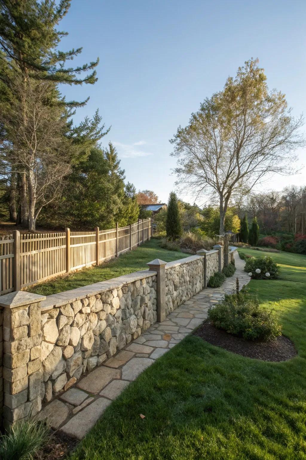 A stone fence provides durability and natural harmony.