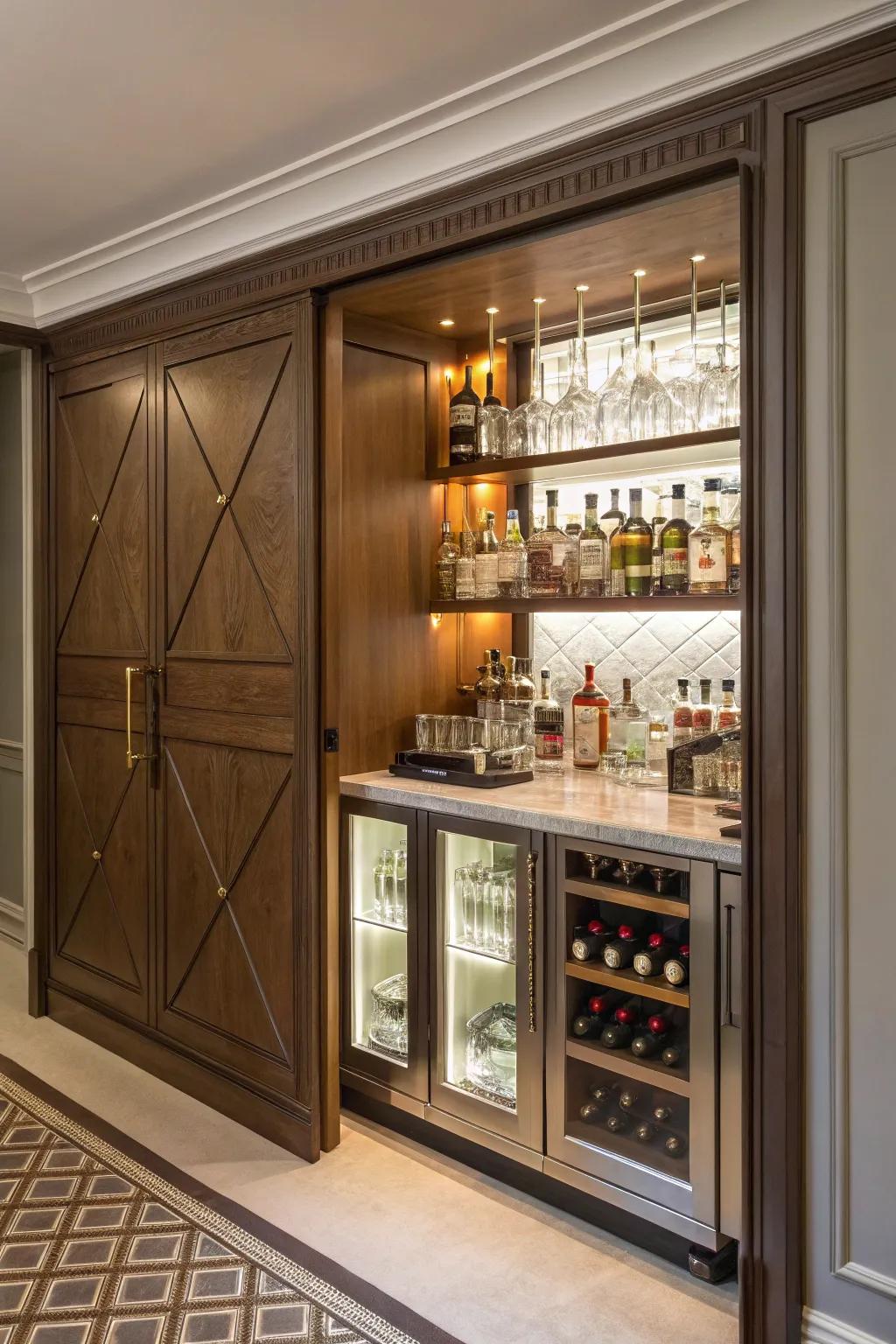 A secret bar adds a touch of surprise and elegance.