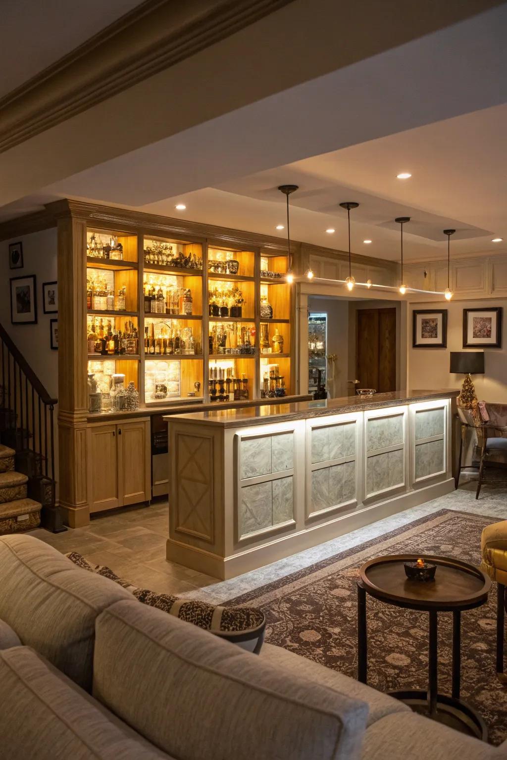 Ambient lighting within panels crafts a warm and inviting glow.