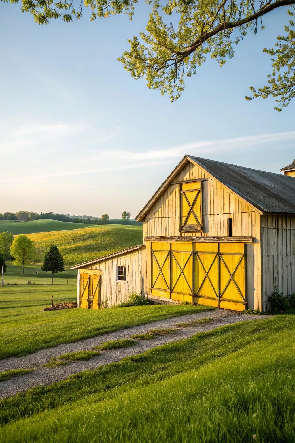 A barn with sunny yellow accents that brings a cheerful vibe to the landscape.