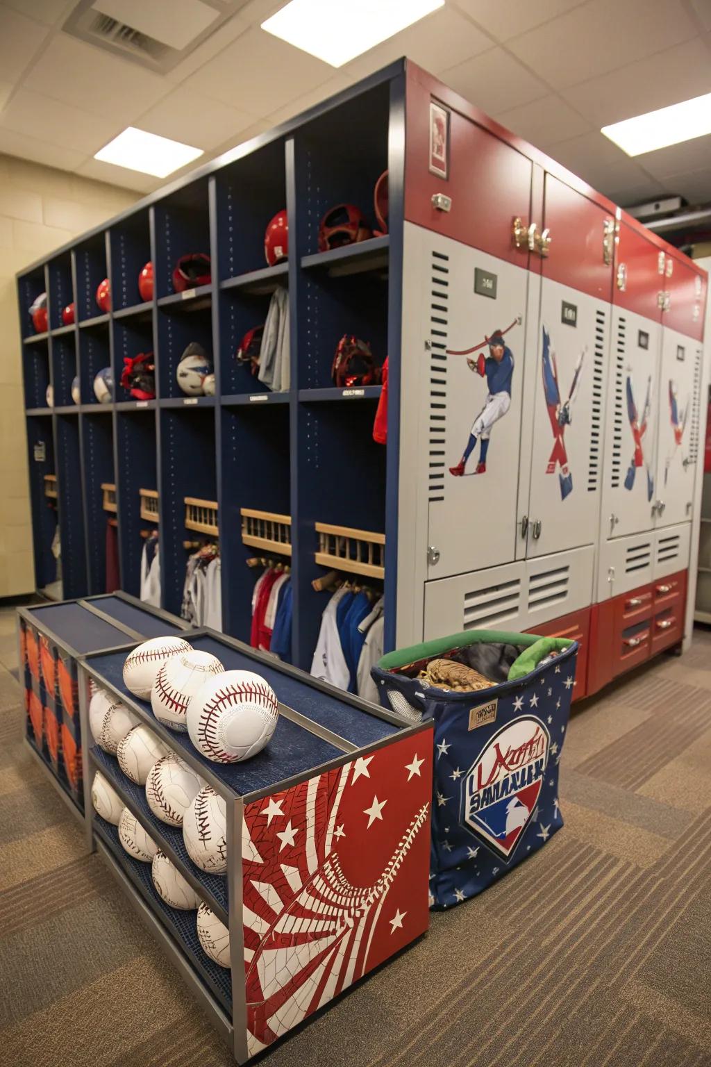Keep organized with baseball-themed storage solutions that add to the decor.