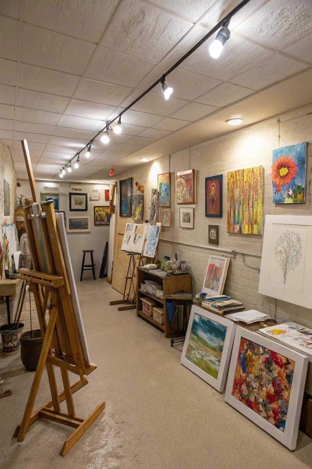 A vibrant basement art studio ready for creativity.