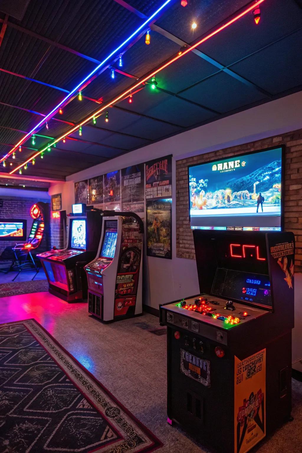 A fun game room in the basement with arcade games and vibrant LED lighting.