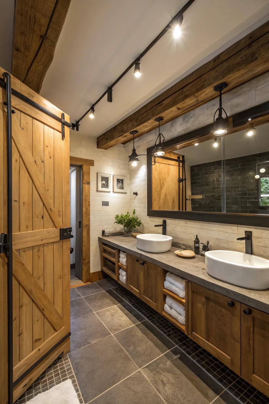 Lumber accents introduce natural warmth to your bathroom.