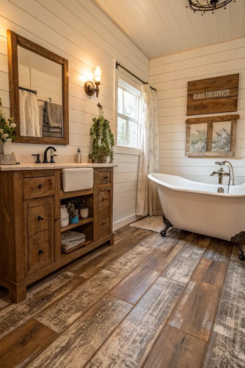 Distressed wood-look vinyl flooring adds rustic charm to this country-inspired bathroom.