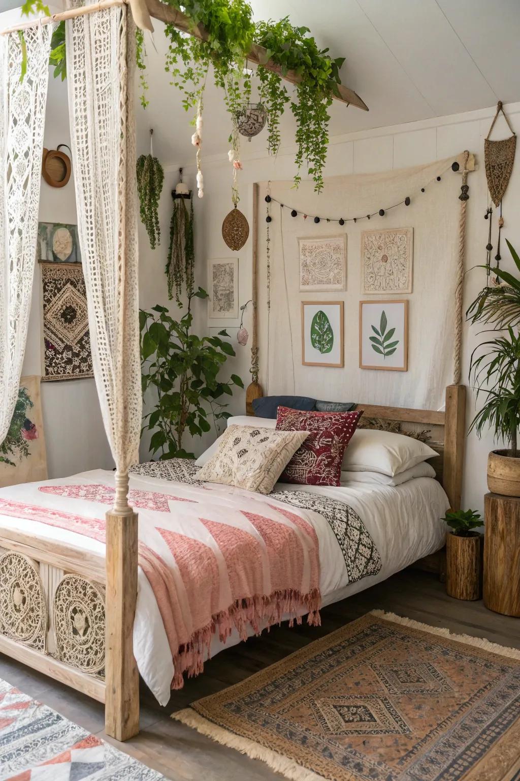 A bohemian bed frame creates a relaxed and artistic atmosphere.