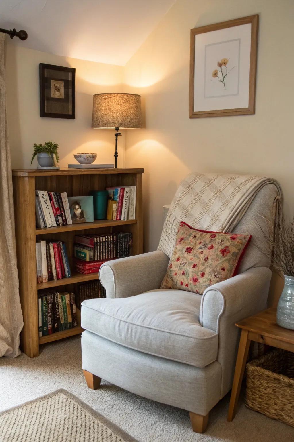 A dedicated reading nook provides a serene corner for rest and reading.