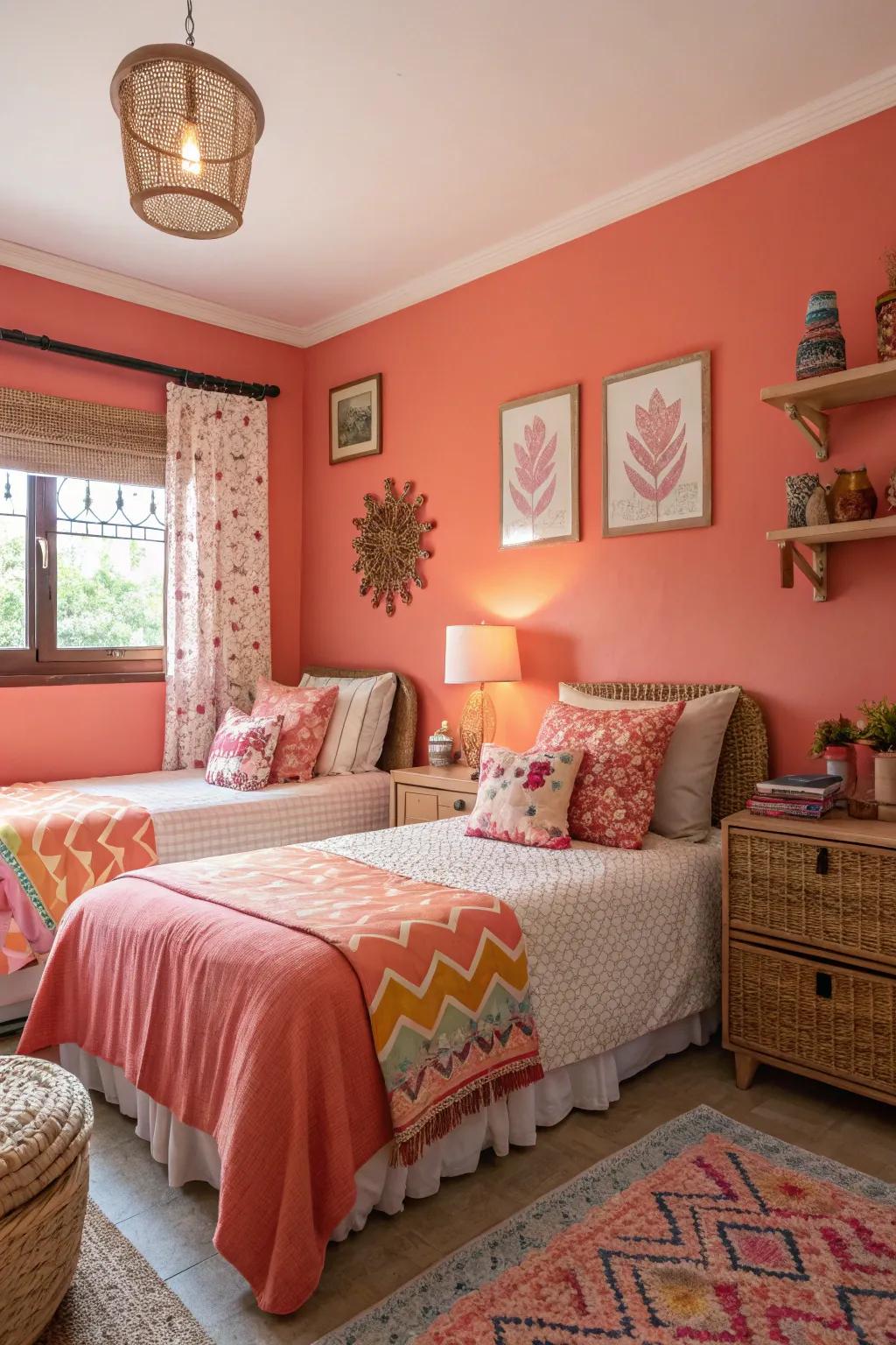 An inviting sleeping quarter showcasing coral walls that merge warmth and individuality.