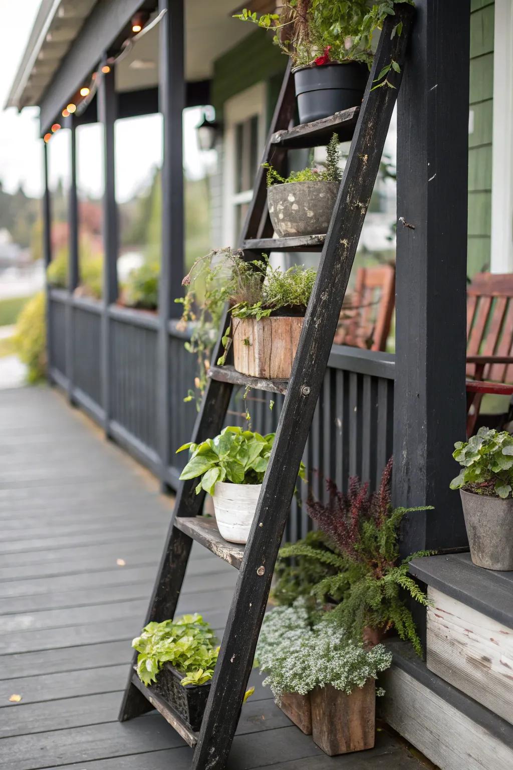 Creative plant stands, including a repurposed ladder, showcasing greenery on a black porch.