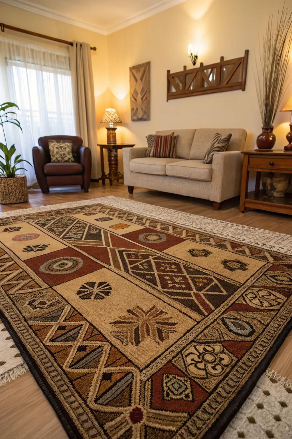 A rug with African patterns adds warmth and style to the floor.