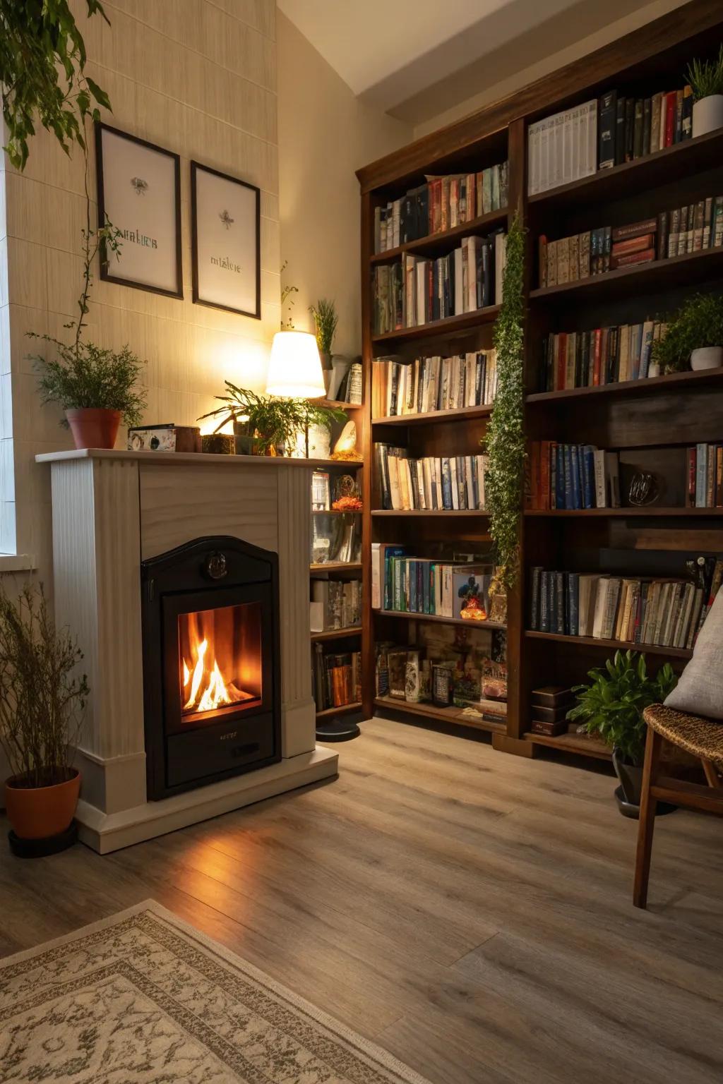 A fireplace adding warmth and coziness to the reading space.