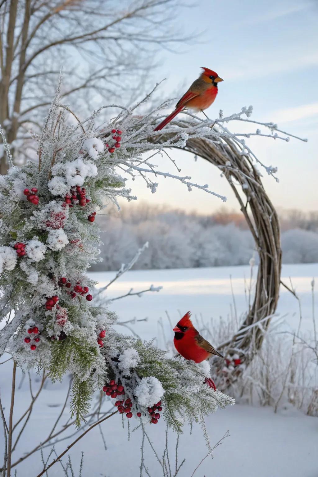 An elegant frosted wreath featuring cardinals for a sophisticated touch.