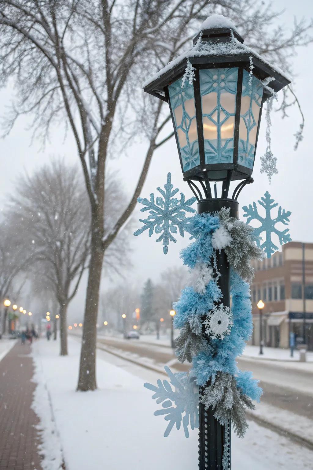 Themed decorations turn a lamp post into a festive focal point.