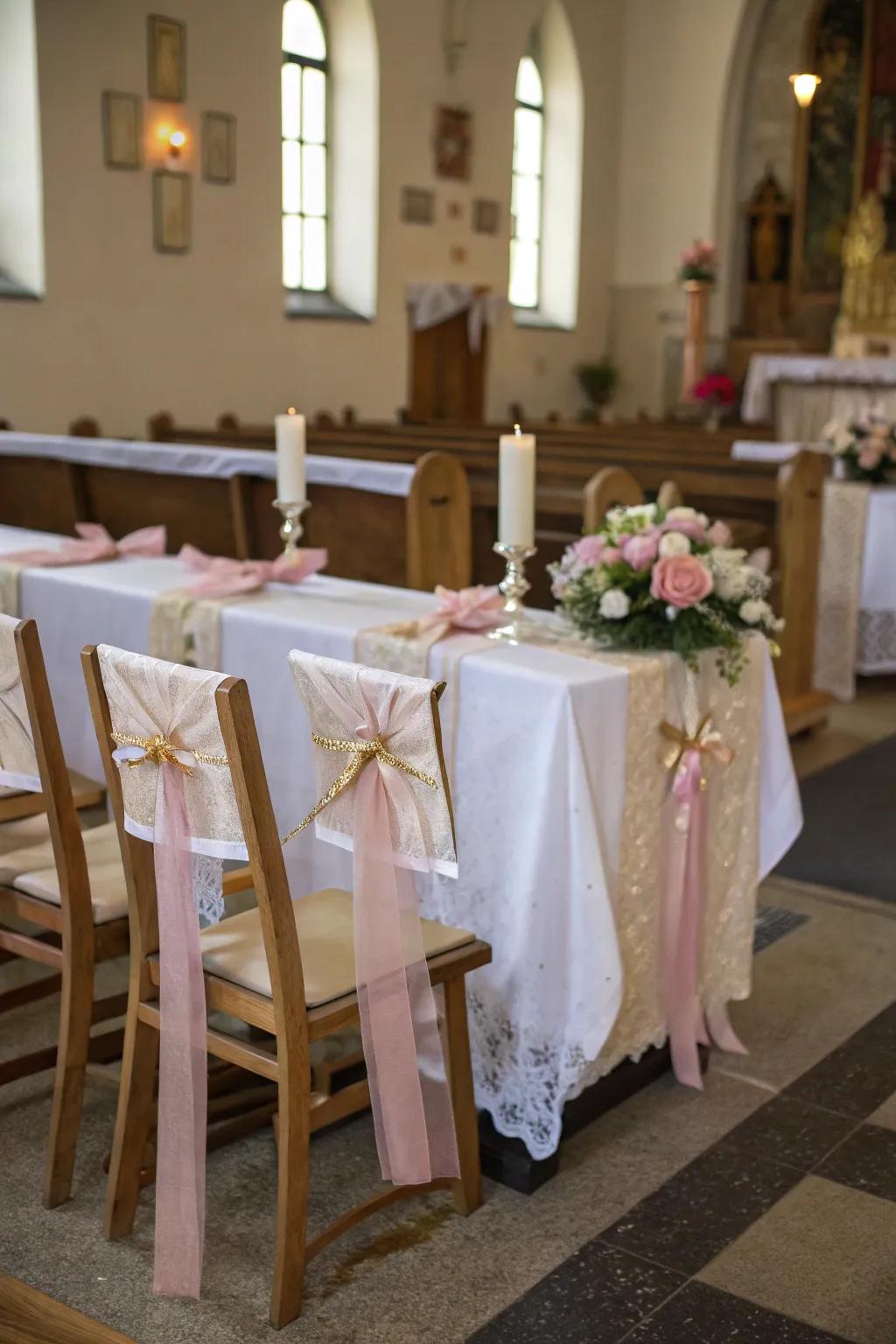 Ribbon adornments bestow an enchanting note upon table settings.