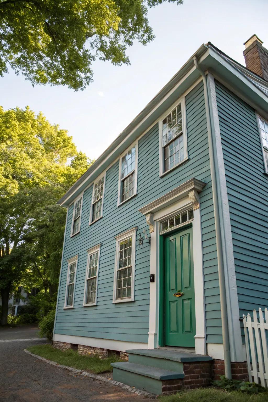 A serene colonial home with blue-ash cladding and a striking verdant doorway.