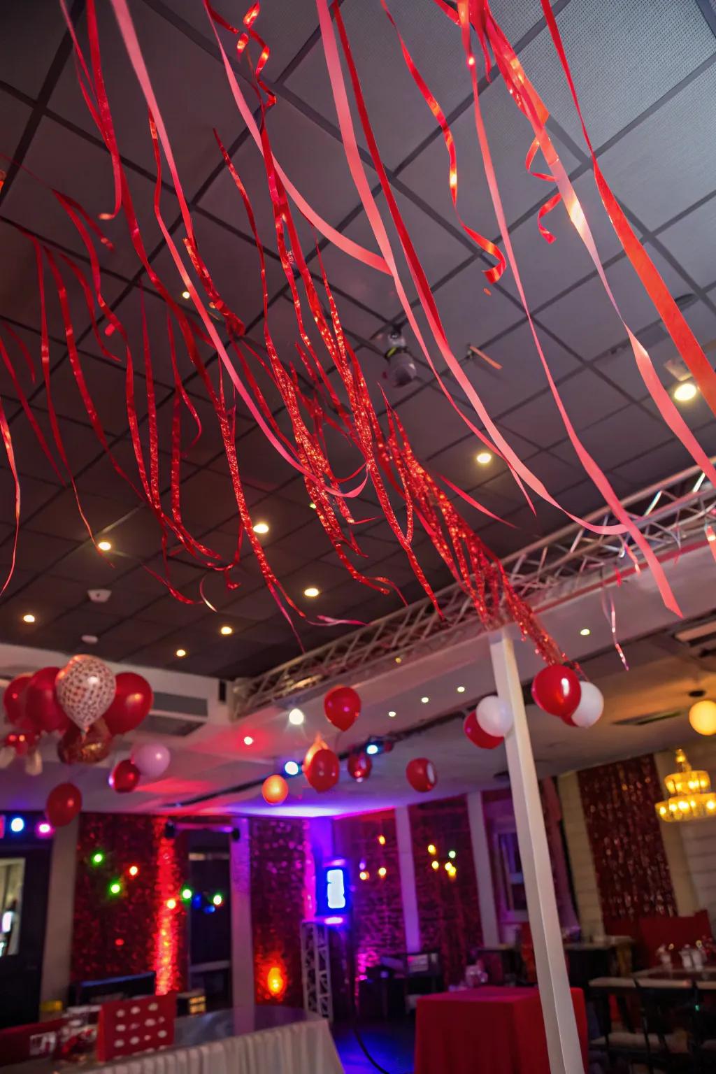 An eye-catching scarlet streamer ceiling setting a festive mood.