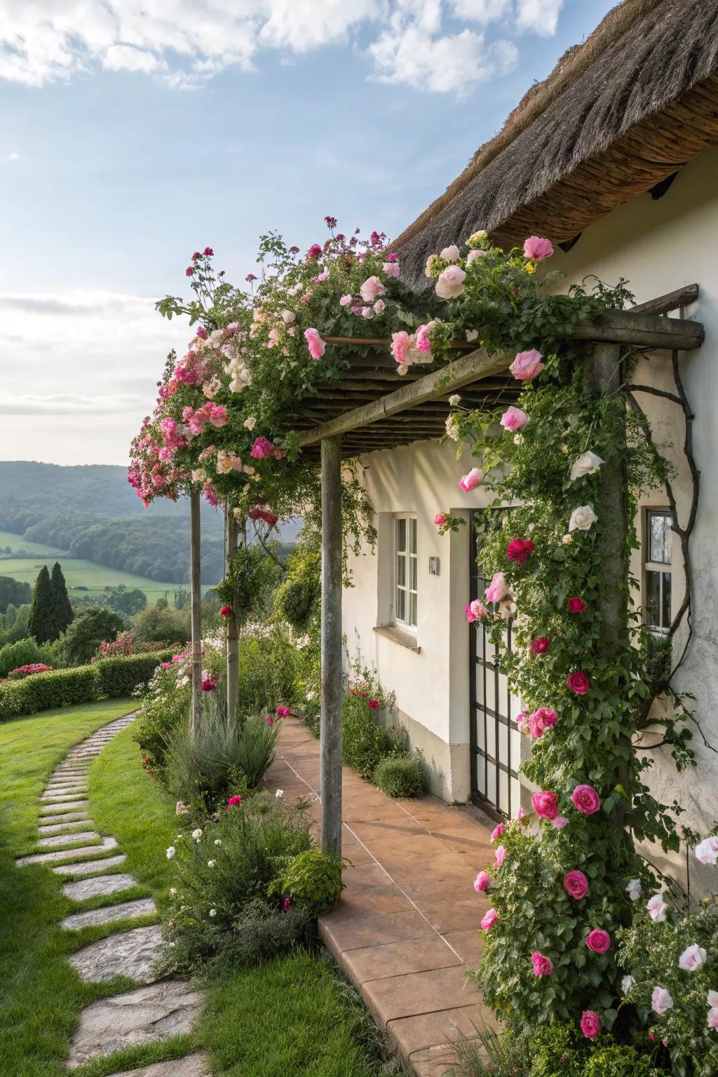 A pergola or trellis imparts romance and shade to a cottage façade.